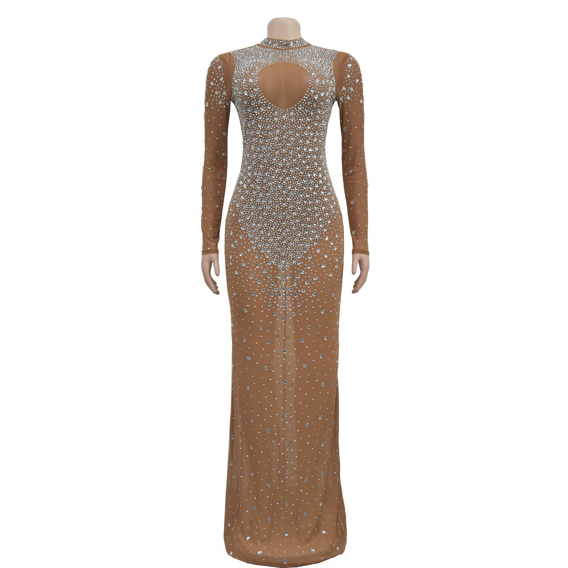 C6993 Latest Design Party Dresses Women Round Neck Beaded Rhinestone Long Maxi Dresses Women Bodycon Evening Dresses