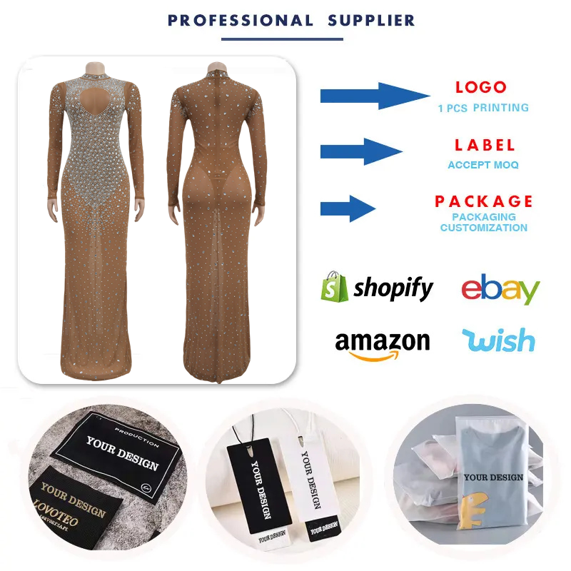 C6993 Latest Design Party Dresses Women Round Neck Beaded Rhinestone Long Maxi Dresses Women Bodycon Evening Dresses