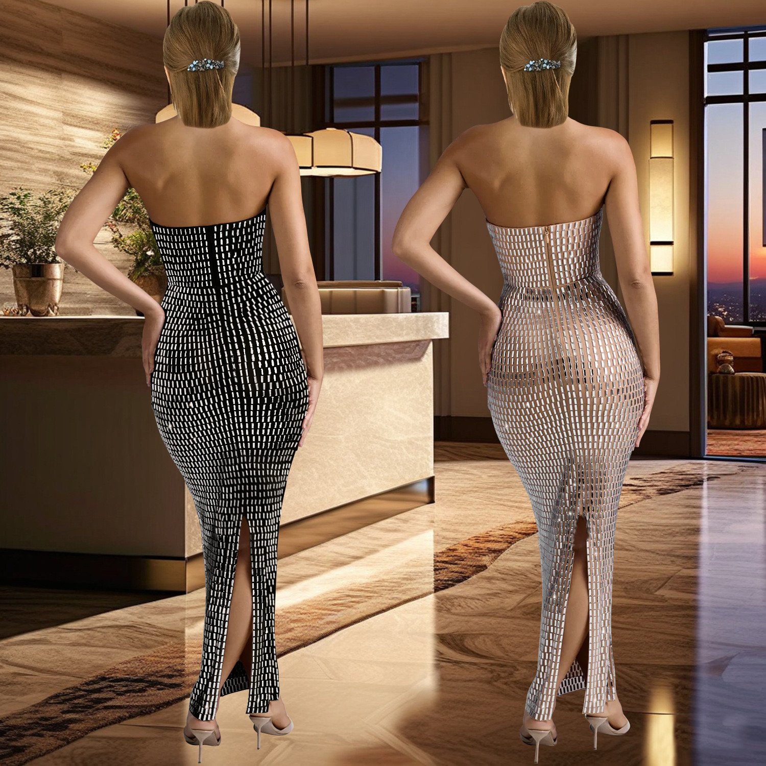 Summer new arrival fashion sexy off-shoulder rhinestone slim fit dress sleeveless elegant party high waist dress women clothing