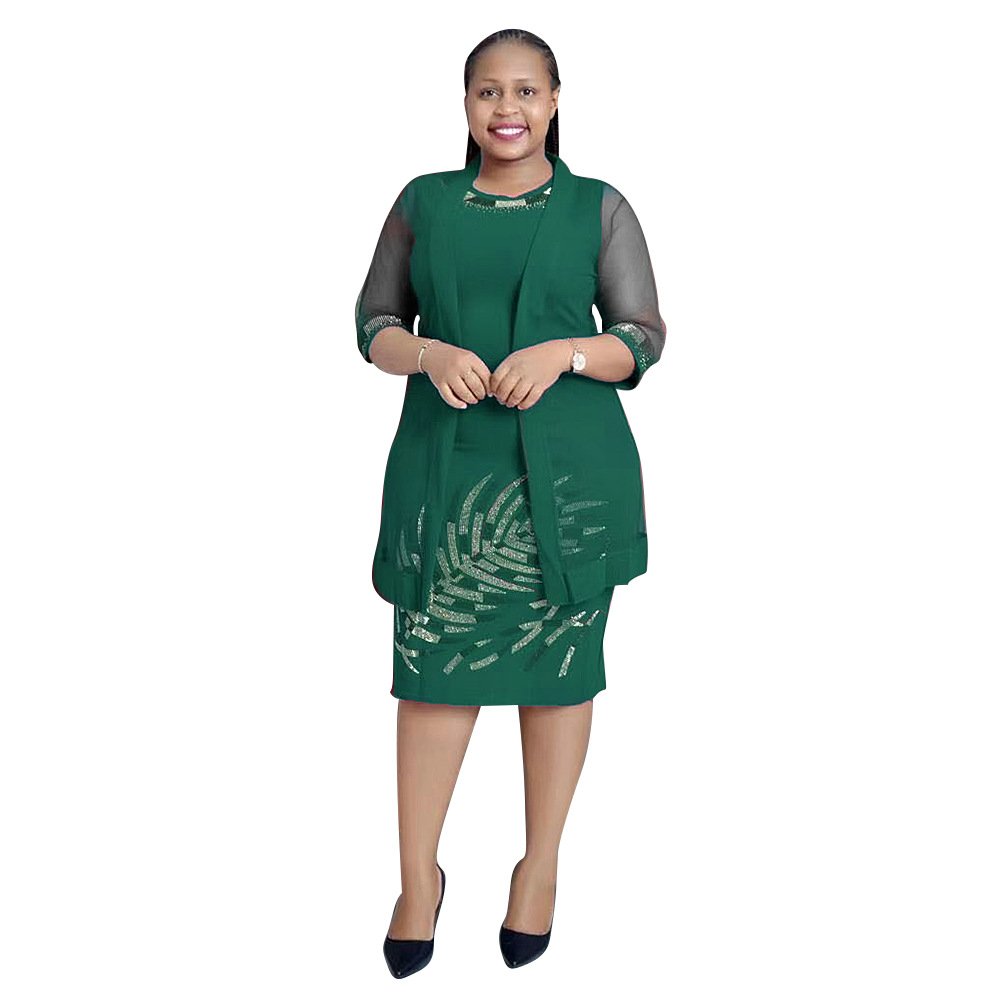 Turkey Africa Clothes Women Plus Size Diamond Midi Dress Suit Mesh Lace Cardigan Office Ladies Career Outfit Two Piece Set