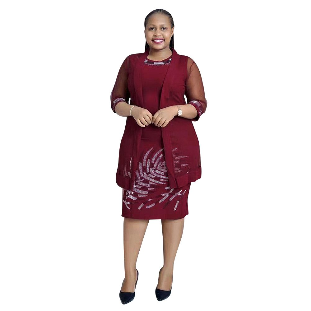 Turkey Africa Clothes Women Plus Size Diamond Midi Dress Suit Mesh Lace Cardigan Office Ladies Career Outfit Two Piece Set