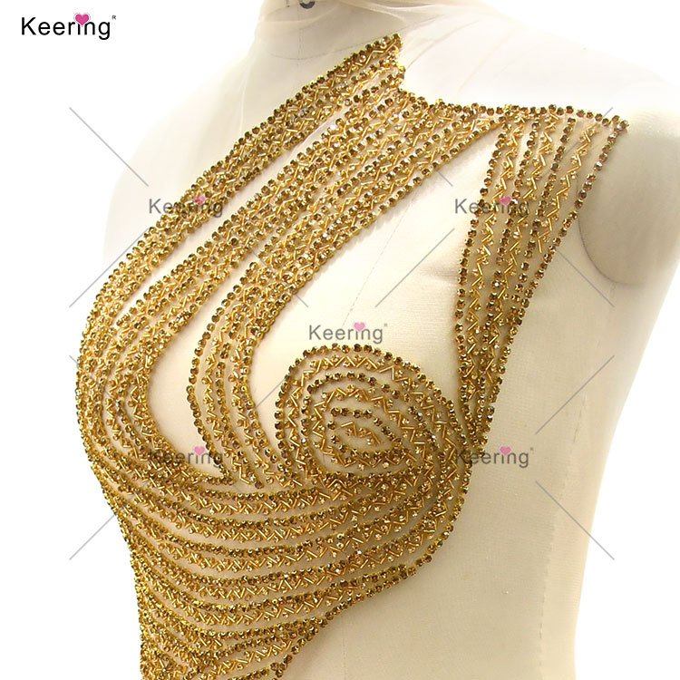 Custom Gold Crystal Rhinestone Applique Tailor Handmade Sewing Accessories For Wedding Gown WDP-516