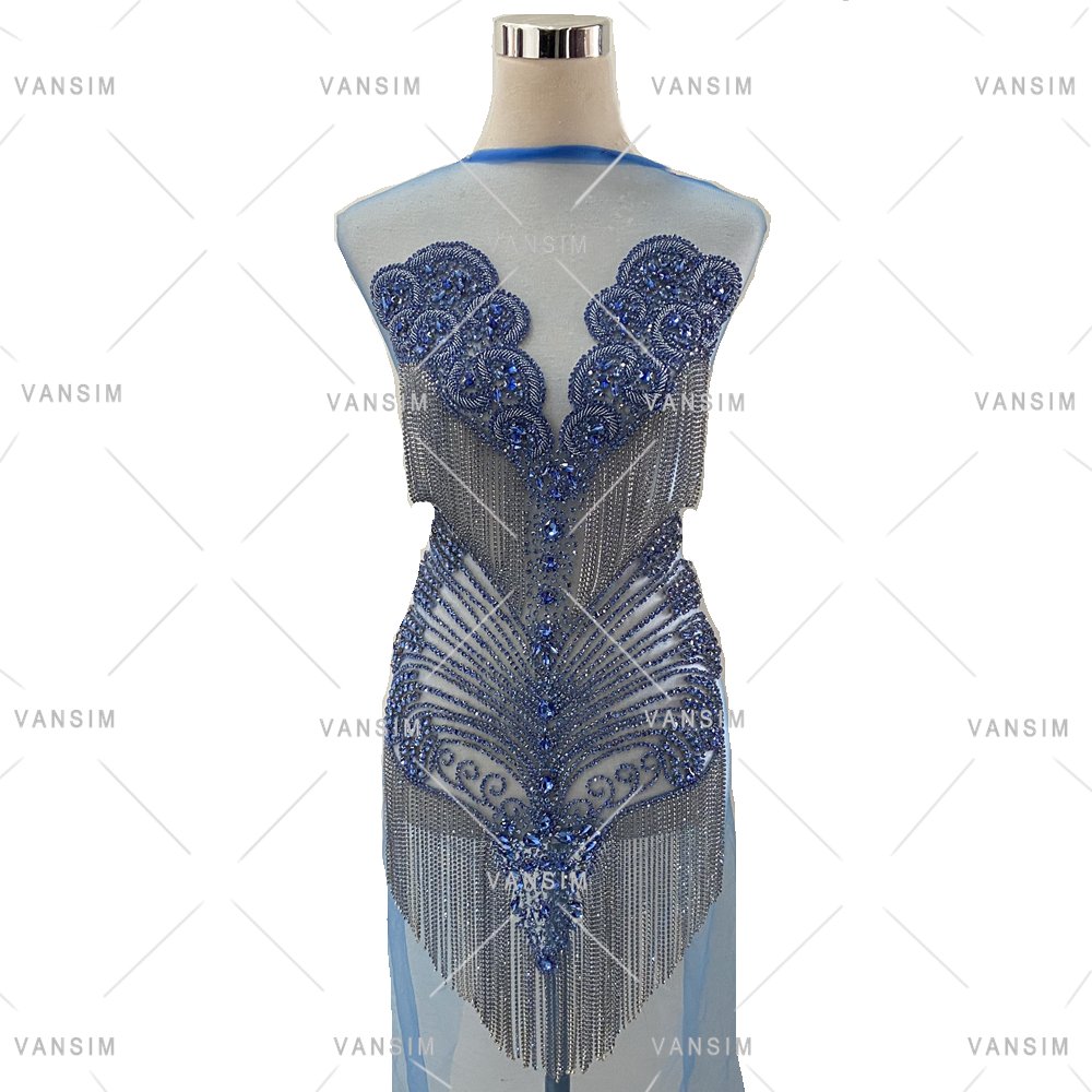 shiny rhinestone bodice dress applique with fringe chain for wedding dress,dancing dress