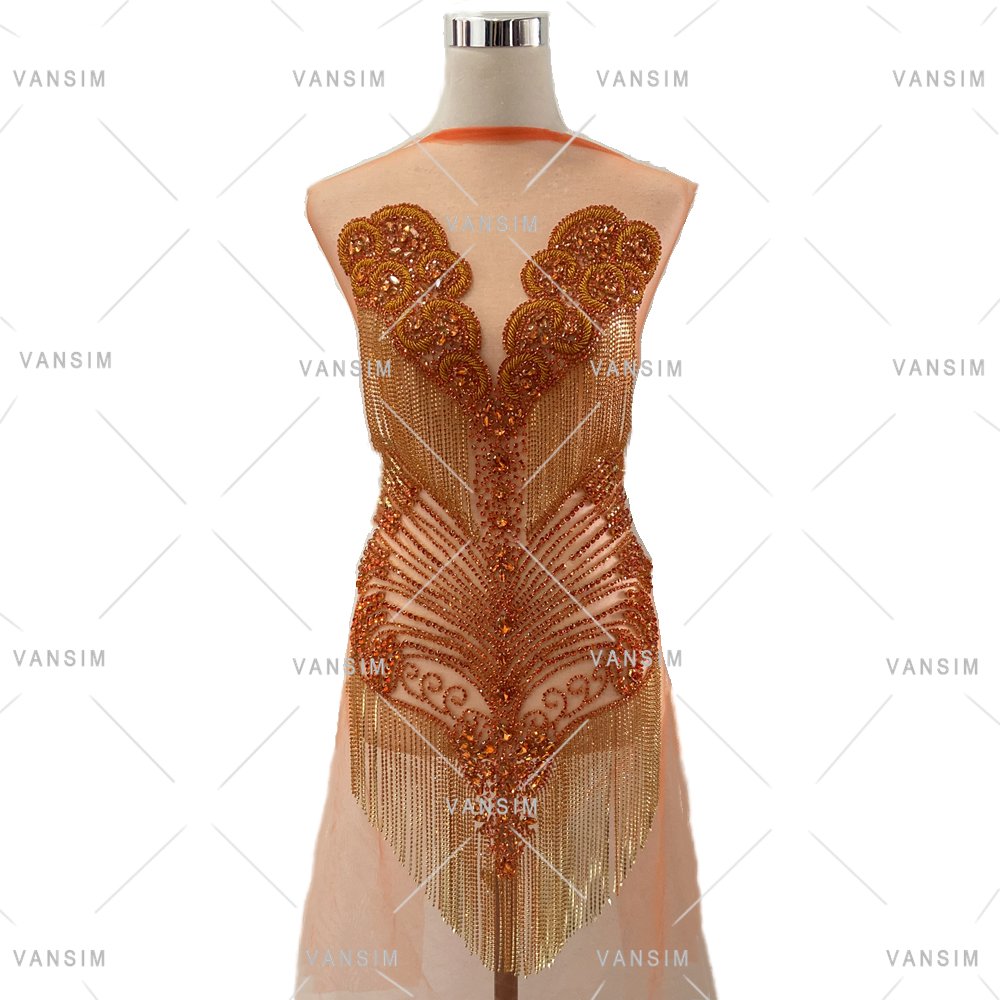 shiny rhinestone bodice dress applique with fringe chain for wedding dress,dancing dress