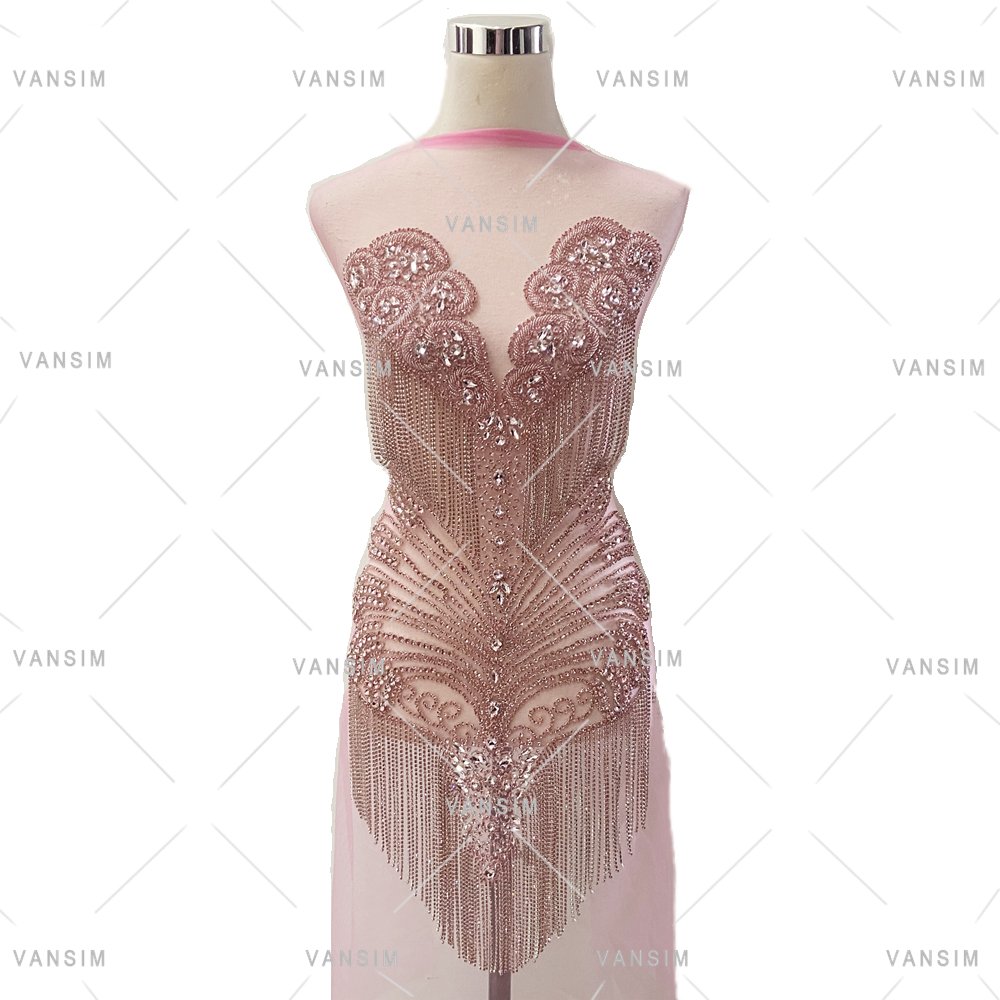 shiny rhinestone bodice dress applique with fringe chain for wedding dress,dancing dress