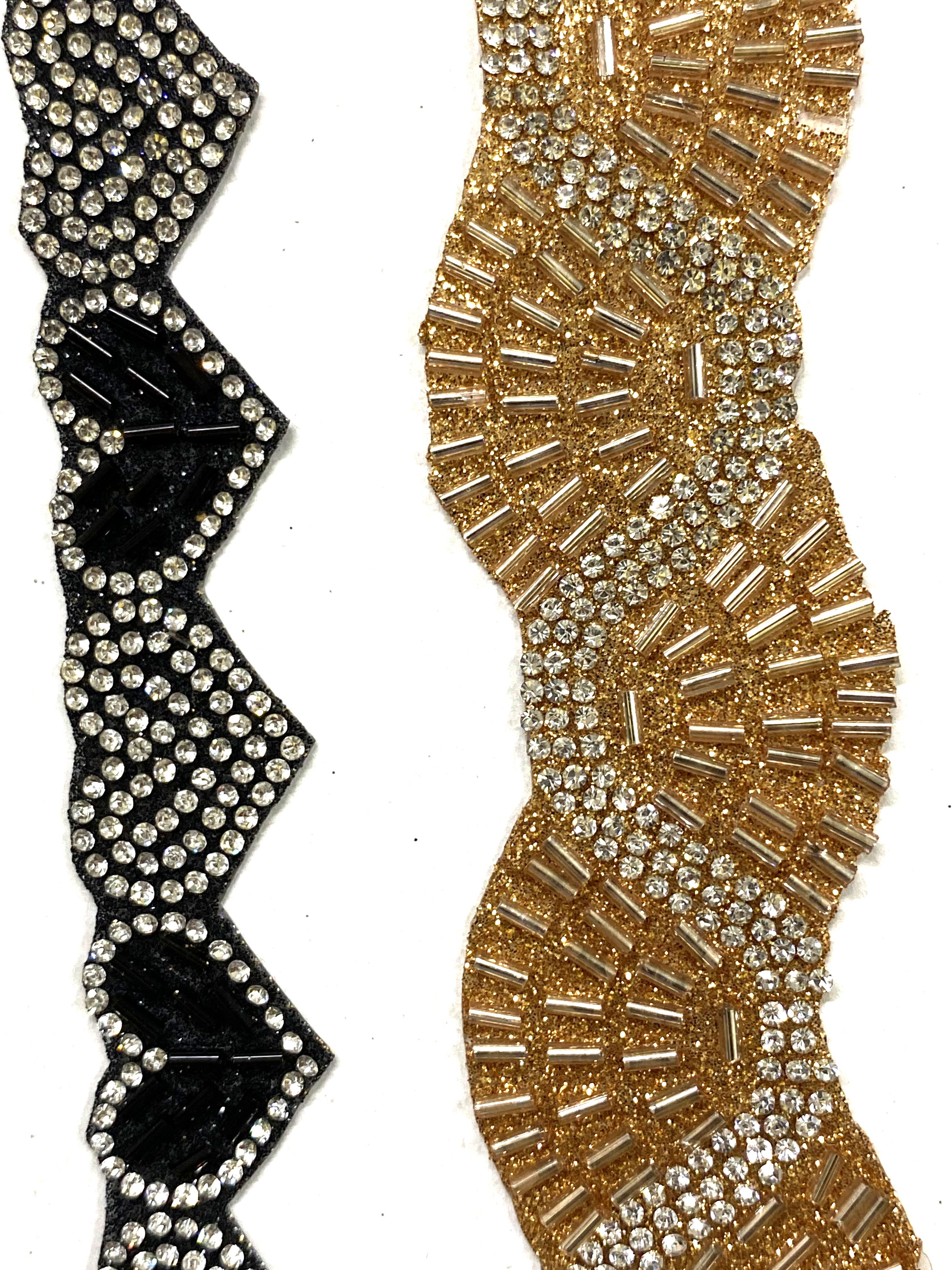 Golden High Quality Beads Crystal Mirror Rhinestone Hot Fix Lace Embroidery Trim For African Wedding Dress And Bridal Fan