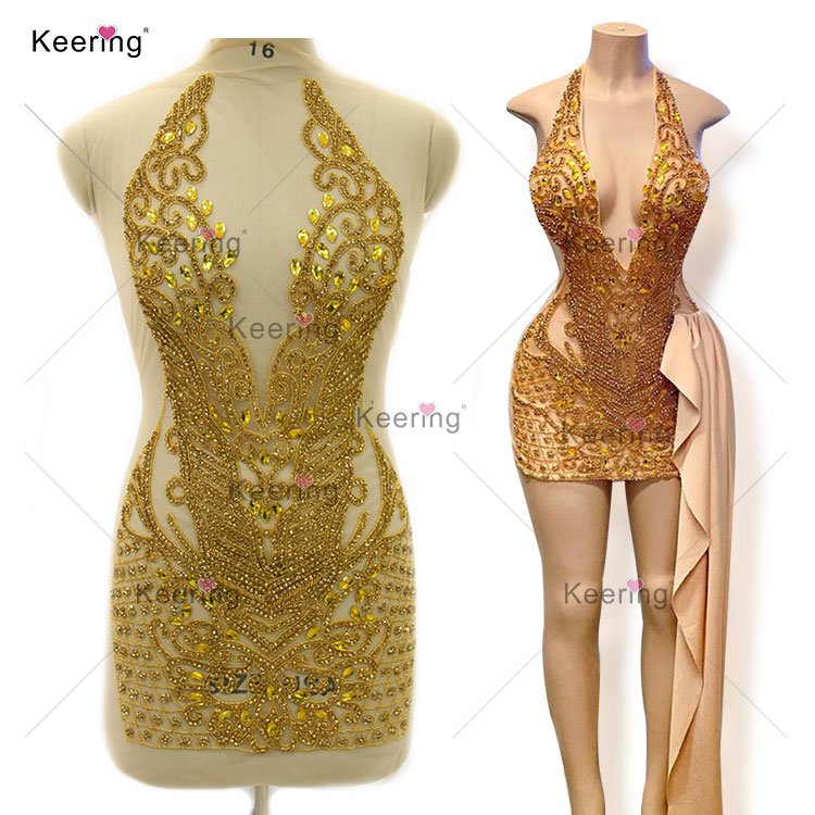 WDP-395 Keering Fashion Designer 2024 Girls Luxe Crystal Rose Gold Panel Wedding Rhinestone Applique Gold