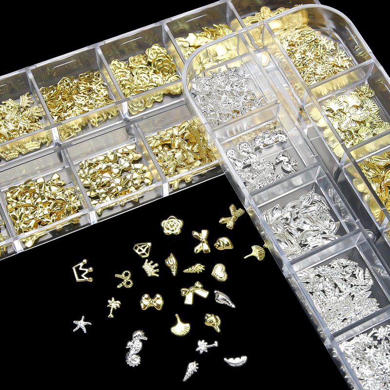 12Grids Gold Silver Sea Series Nail Art Rhinestones Shell Starfish Seahorse Multi-shapes Metal Rivet Charms DIY Nail Decoration