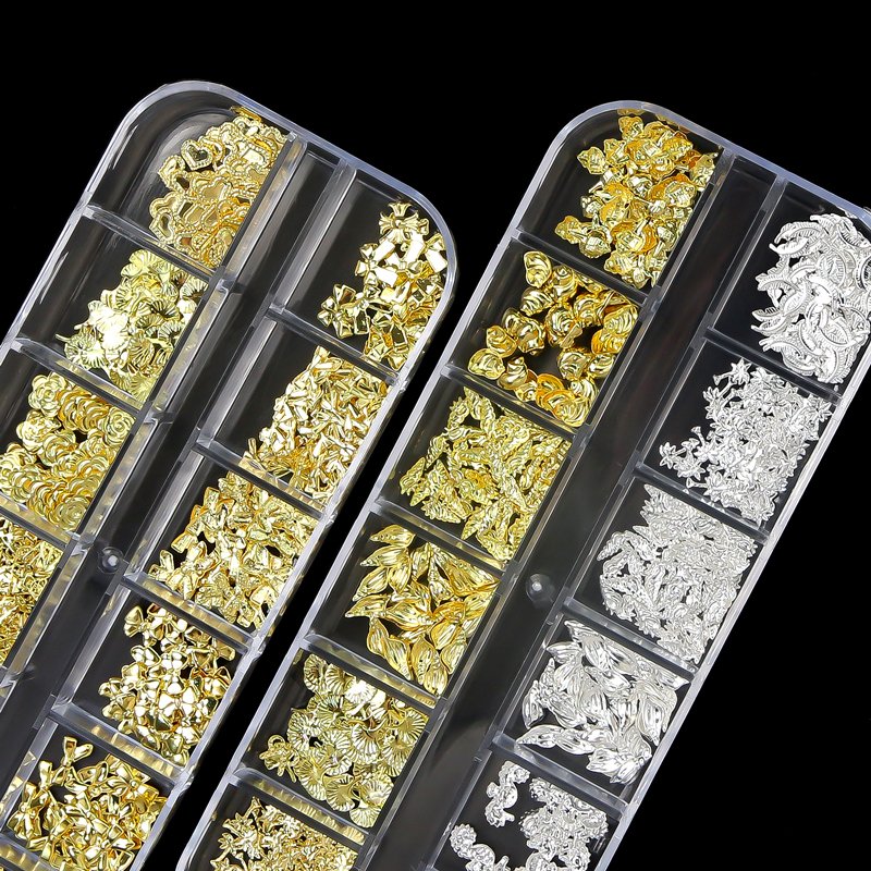 12Grids Gold Silver Sea Series Nail Art Rhinestones Shell Starfish Seahorse Multi-shapes Metal Rivet Charms DIY Nail Decoration
