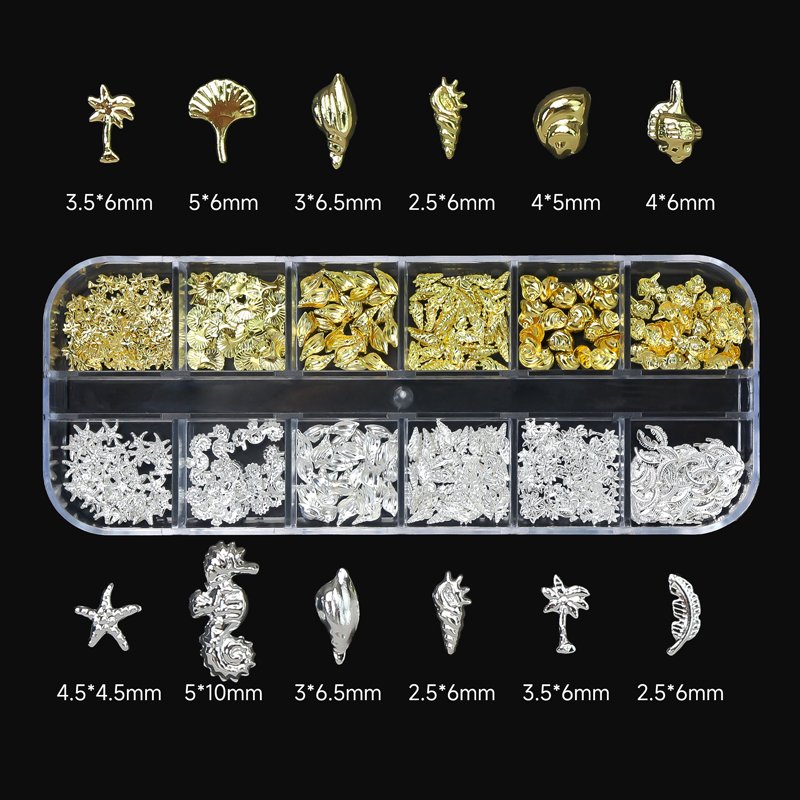 12Grids Gold Silver Sea Series Nail Art Rhinestones Shell Starfish Seahorse Multi-shapes Metal Rivet Charms DIY Nail Decoration