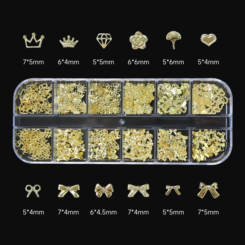 12Grids Gold Silver Sea Series Nail Art Rhinestones Shell Starfish Seahorse Multi-shapes Metal Rivet Charms DIY Nail Decoration