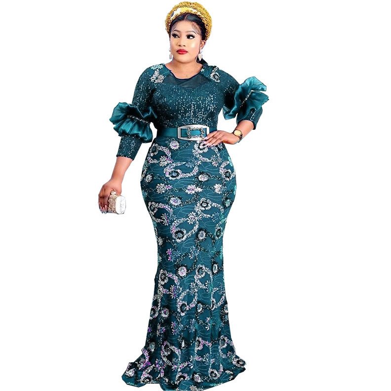 African popular luxury rhinestone sequins elegant long dress fashion pleated long sleeve elasticity plus size women clothing