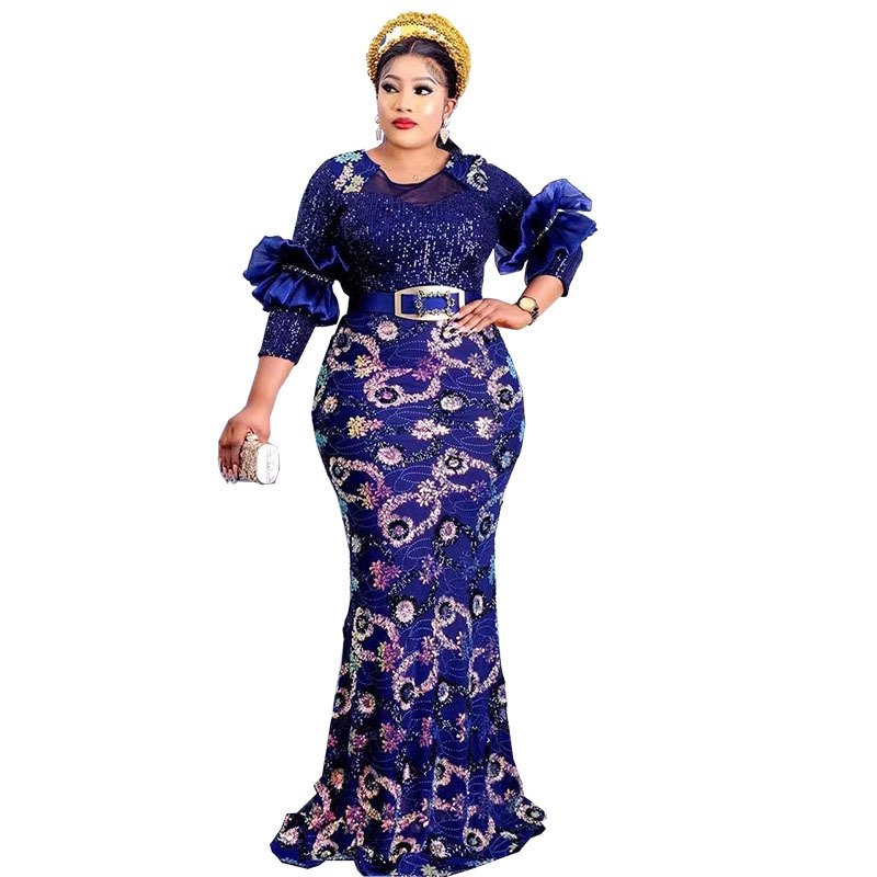 African popular luxury rhinestone sequins elegant long dress fashion pleated long sleeve elasticity plus size women clothing