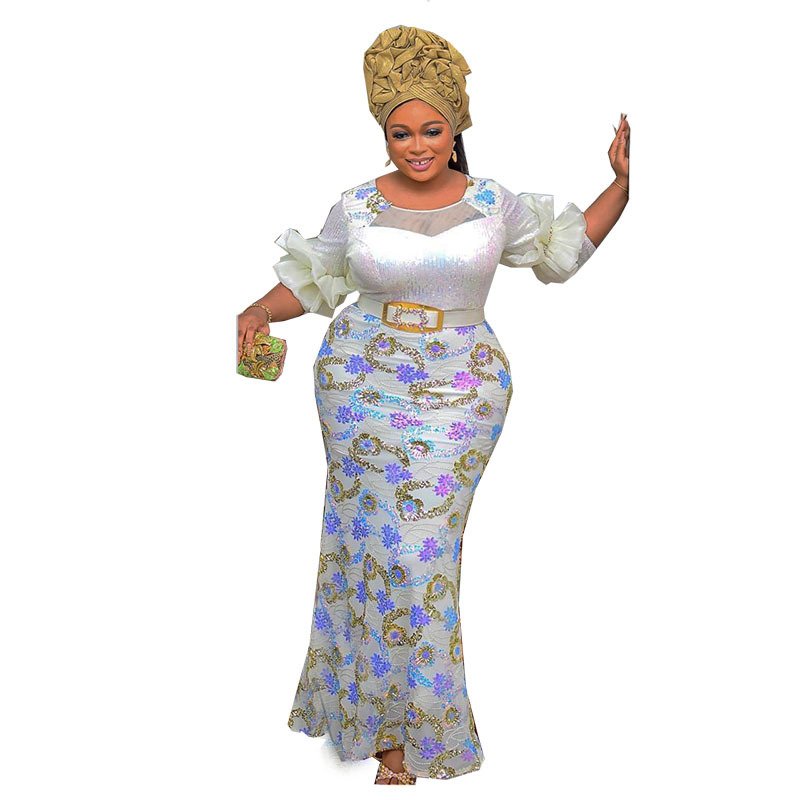 African popular luxury rhinestone sequins elegant long dress fashion pleated long sleeve elasticity plus size women clothing