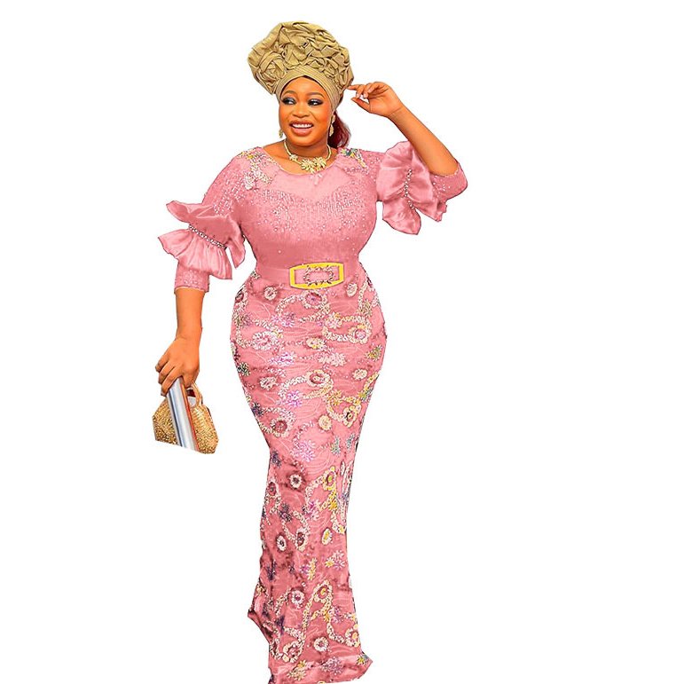 African popular luxury rhinestone sequins elegant long dress fashion pleated long sleeve elasticity plus size women clothing