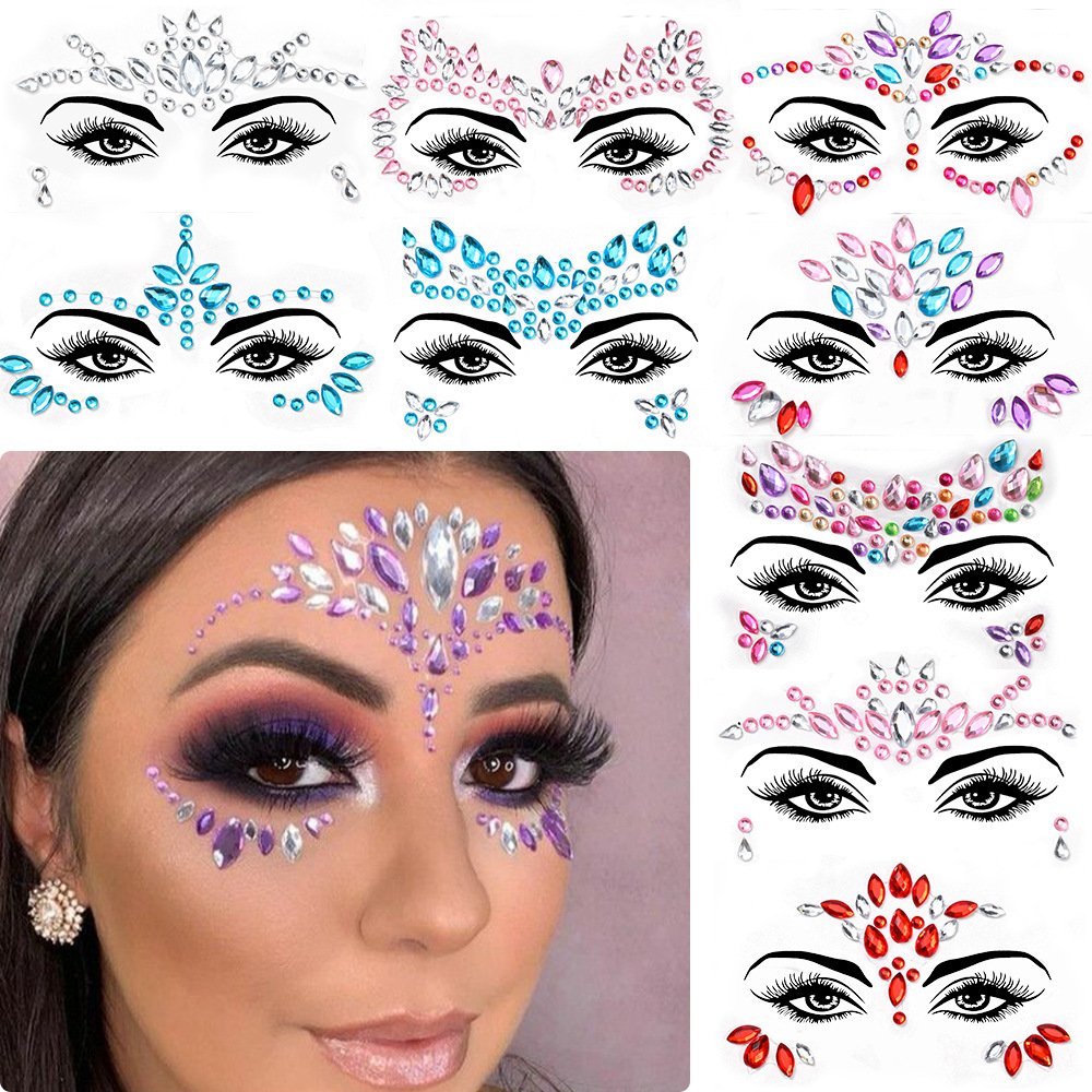 5pcs/set Colorful Rhinestone Face Stickers Acrylic Shiny Diamond Crystal One Side Adhesive Waterproof Party Make Up Decoration