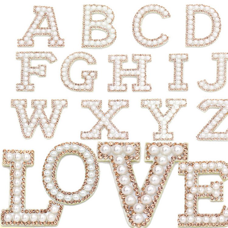 Alphabet A-Z Glitter Patches Iron On Chenille Letter Patches White Pearl Alphabet Applique Rhinestone Letter Patches for Clothes