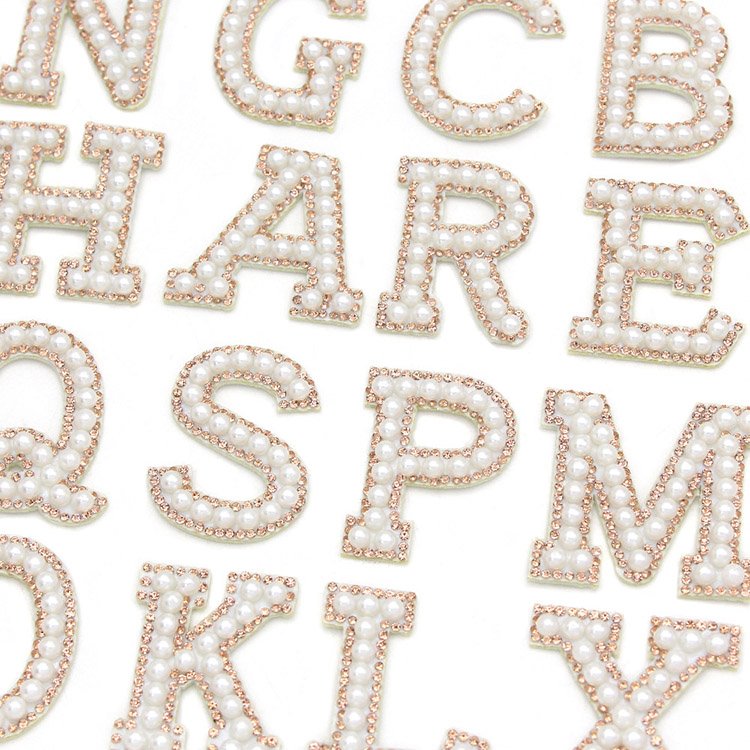 Alphabet A-Z Glitter Patches Iron On Chenille Letter Patches White Pearl Alphabet Applique Rhinestone Letter Patches for Clothes