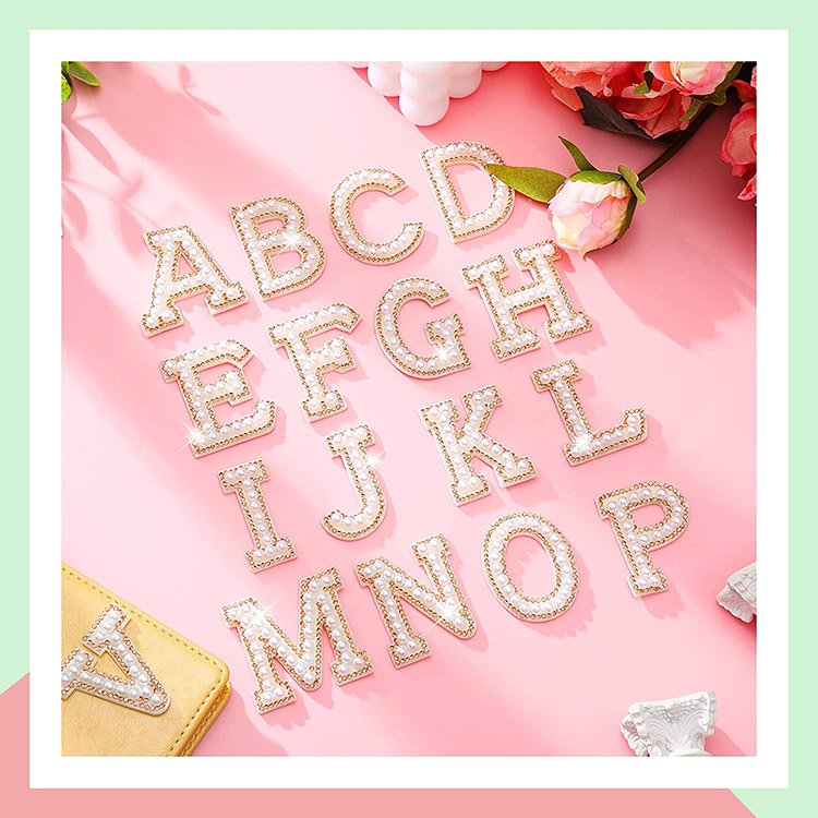 Alphabet A-Z Glitter Patches Iron On Chenille Letter Patches White Pearl Alphabet Applique Rhinestone Letter Patches for Clothes