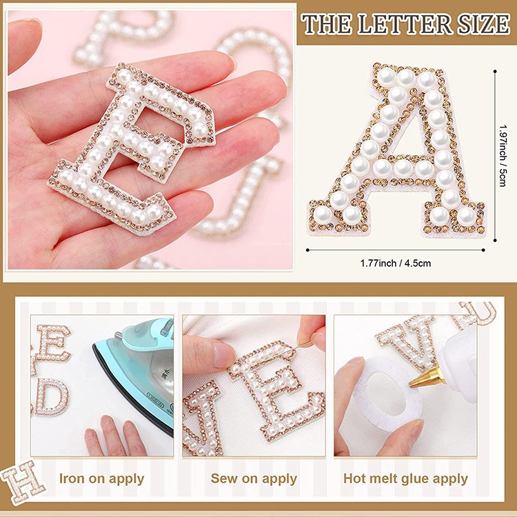 Alphabet A-Z Glitter Patches Iron On Chenille Letter Patches White Pearl Alphabet Applique Rhinestone Letter Patches for Clothes