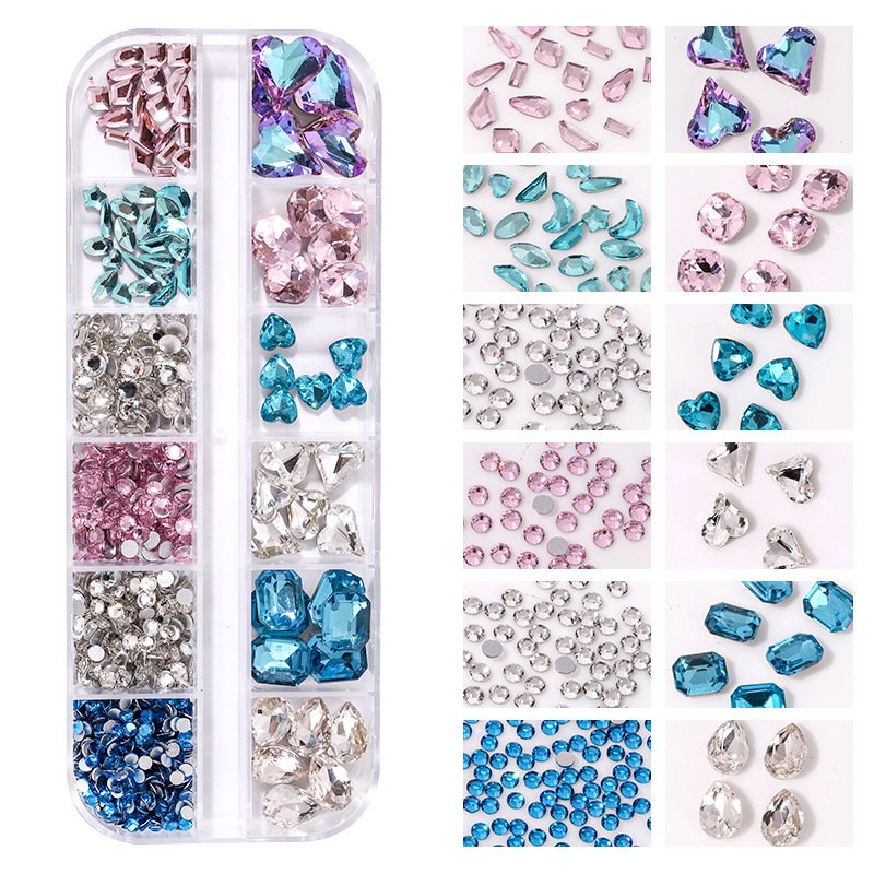 R127 12 Grids Point Back Glass K9 Rhinestone Heart Crystal Rhinestone Mixed Round Manicure Decoration For Nail Art Charms