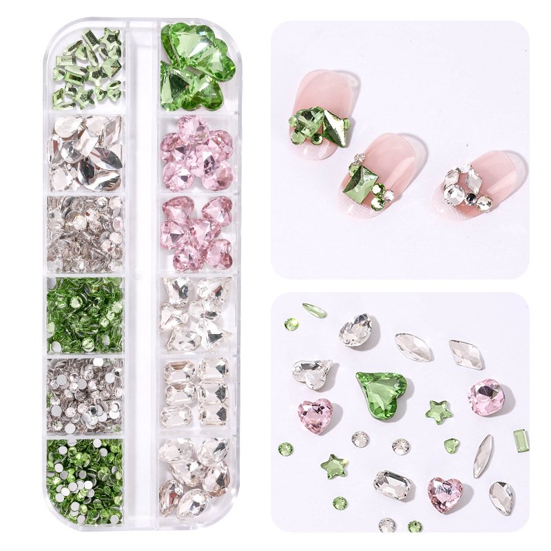R127 12 Grids Point Back Glass K9 Rhinestone Heart Crystal Rhinestone Mixed Round Manicure Decoration For Nail Art Charms