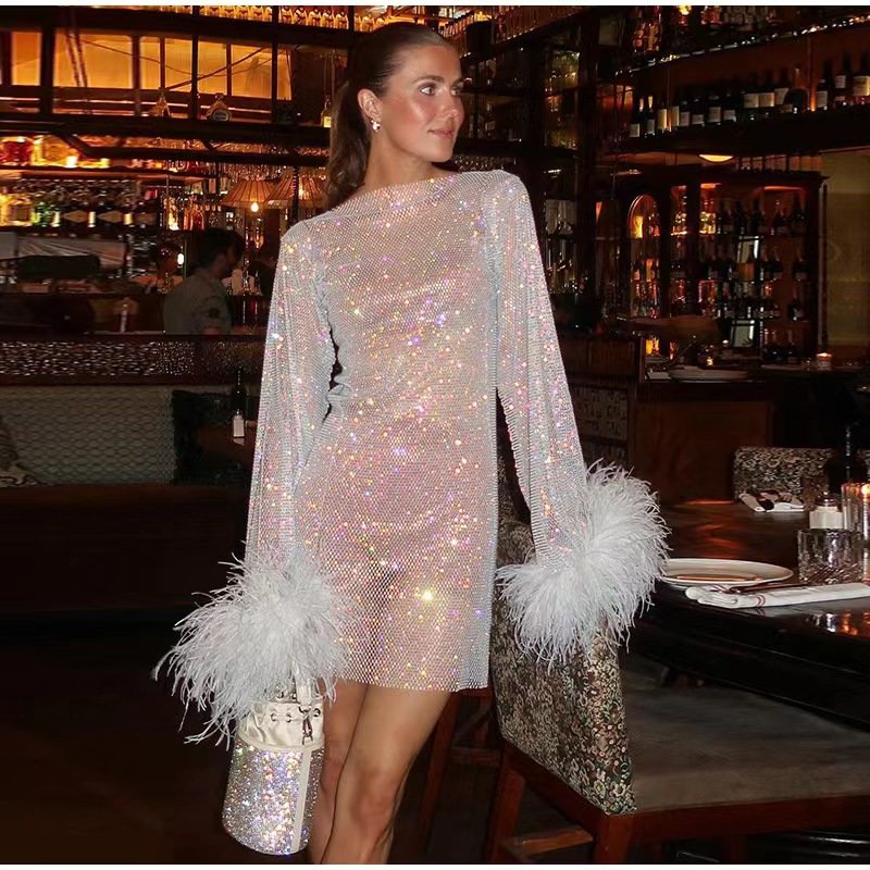 Hot Sale Rhinestone Mesh Dress Ostrich Feather Trim Women Diamond Tops Shiny Party Dress