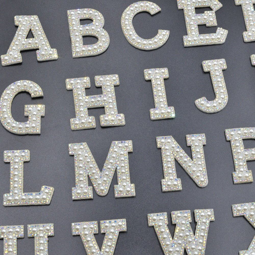 Heat pressed 26 English letters 4.5cm alphabet rhinestones beads iron on letter pearl patches for hat garment
