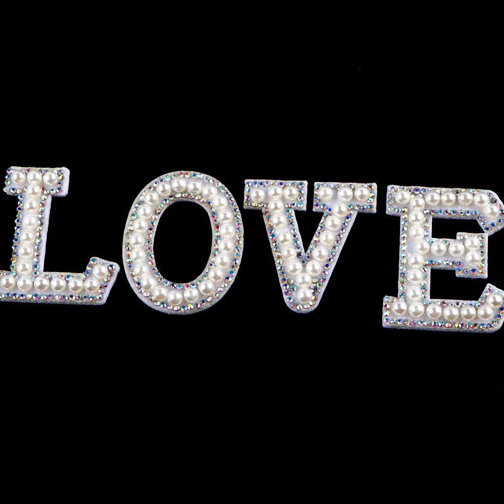 Heat pressed 26 English letters 4.5cm alphabet rhinestones beads iron on letter pearl patches for hat garment