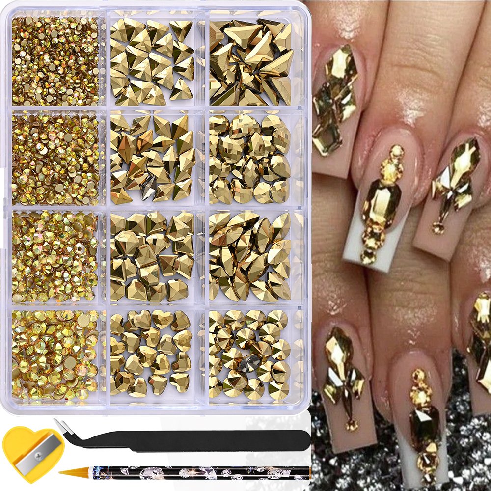 12 Grids Shinny Nail Art Rhinestones Jewelry Set Multi-shapes Flatback Nail Charms Diamonds 3D Nails Accessories+Wax+Tweezers