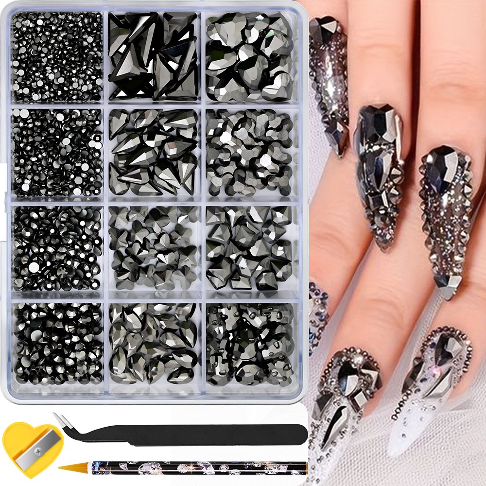 12 Grids Shinny Nail Art Rhinestones Jewelry Set Multi-shapes Flatback Nail Charms Diamonds 3D Nails Accessories+Wax+Tweezers