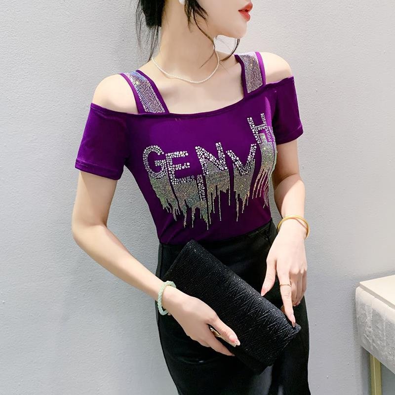 New trends Women's letter Print Rhinestone Shiny Sequined Clothes Slim Knit Tee Tops Nightclub Short Sleeve Shirts Party T-shirt