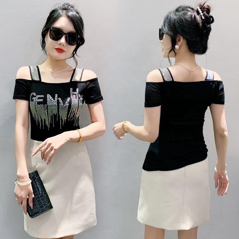 New trends Women's letter Print Rhinestone Shiny Sequined Clothes Slim Knit Tee Tops Nightclub Short Sleeve Shirts Party T-shirt