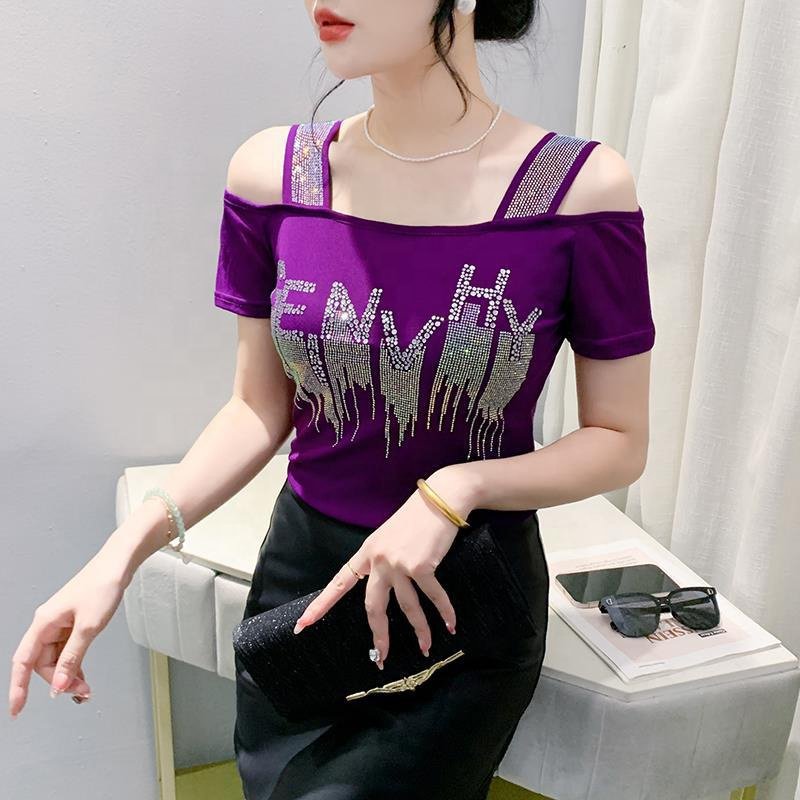 New trends Women's letter Print Rhinestone Shiny Sequined Clothes Slim Knit Tee Tops Nightclub Short Sleeve Shirts Party T-shirt