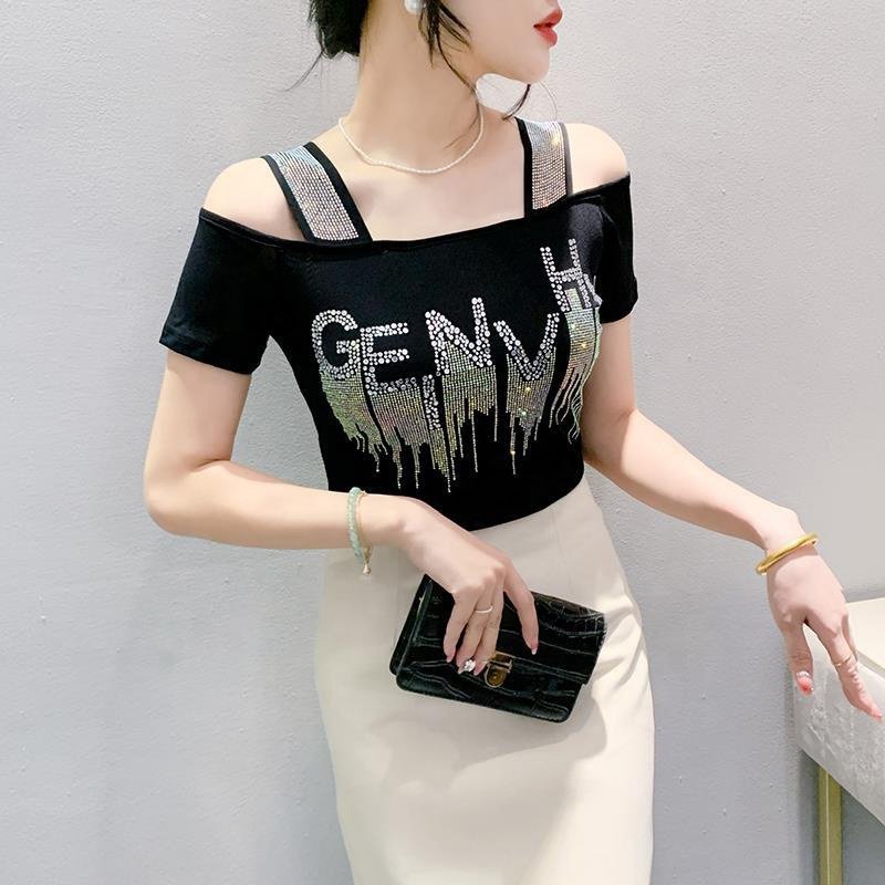 New trends Women's letter Print Rhinestone Shiny Sequined Clothes Slim Knit Tee Tops Nightclub Short Sleeve Shirts Party T-shirt