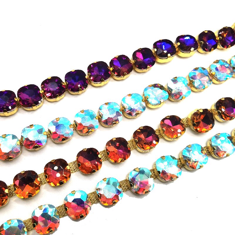 Crystal Glass Rhinestone Trimming Roll Glow Gold Flat Back Sew On Rhinestone Chain Trims for Carnival Shoes Clothing Decorations
