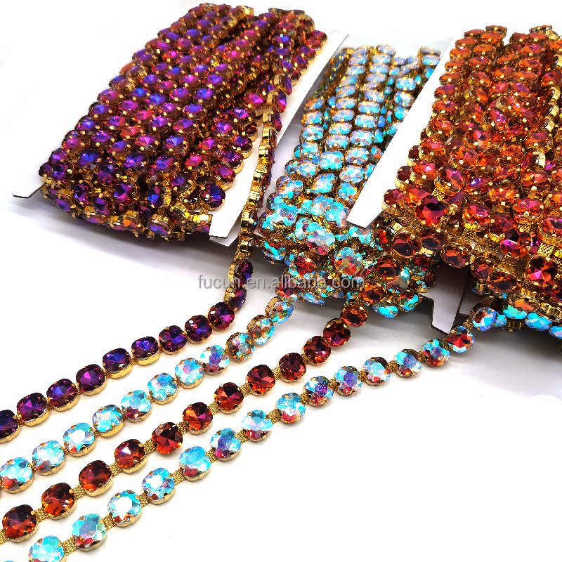 Crystal Glass Rhinestone Trimming Roll Glow Gold Flat Back Sew On Rhinestone Chain Trims for Carnival Shoes Clothing Decorations