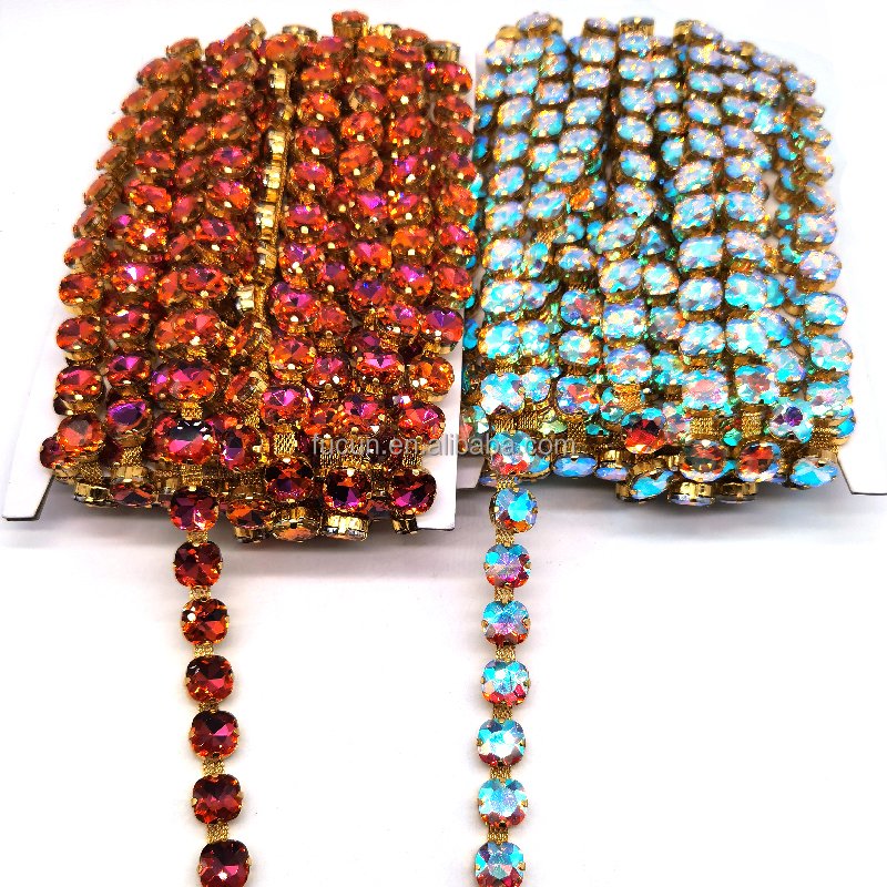 Crystal Glass Rhinestone Trimming Roll Glow Gold Flat Back Sew On Rhinestone Chain Trims for Carnival Shoes Clothing Decorations