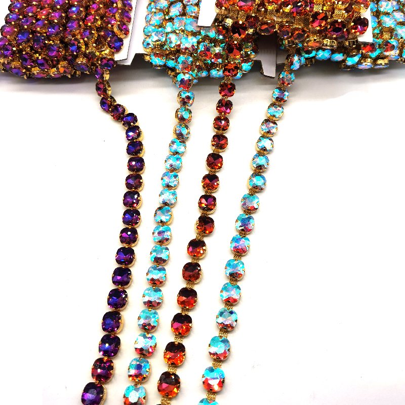Crystal Glass Rhinestone Trimming Roll Glow Gold Flat Back Sew On Rhinestone Chain Trims for Carnival Shoes Clothing Decorations