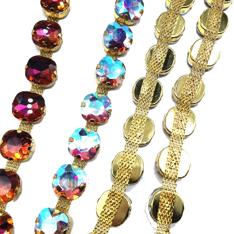 Crystal Glass Rhinestone Trimming Roll Glow Gold Flat Back Sew On Rhinestone Chain Trims for Carnival Shoes Clothing Decorations