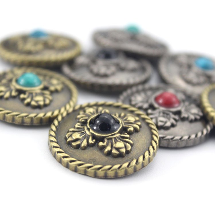Novel Design Flower Pattern Rhinestone Turquoise Conchos Metal Buttons Coin Button For Leather