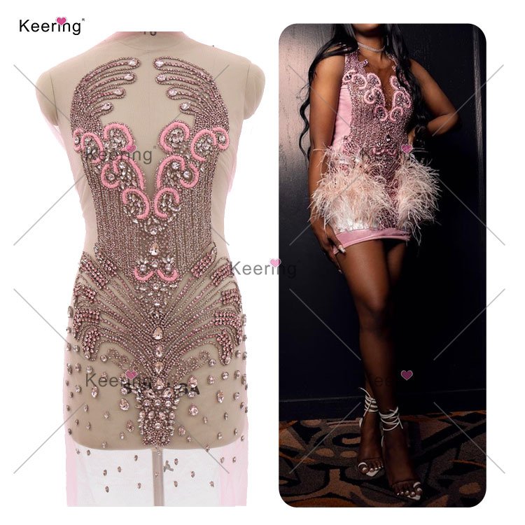 WDP-245 Keering Sew On Shiny Crystal Rose Gold Champagne Purple Rhinestone Bodice Applique For Pageant Dresses