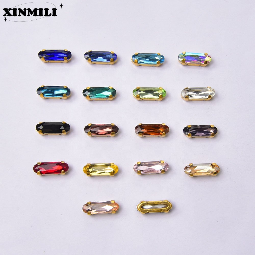 New Long Oval Glass Gold Claw Crystal Loose Stones Handmade Diamond Button Sew on Rhinestone for Dress Shoes Bags Accessories