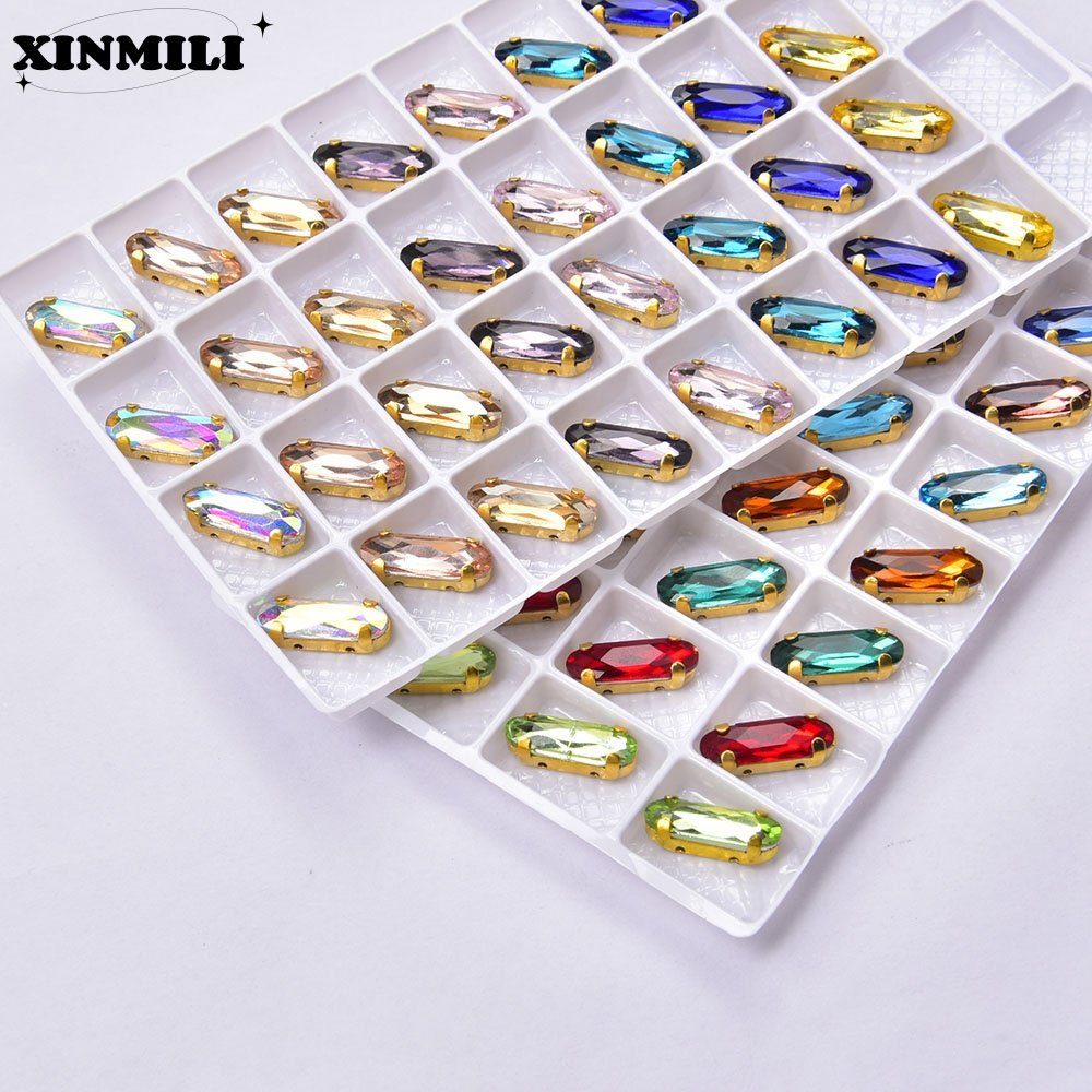 New Long Oval Glass Gold Claw Crystal Loose Stones Handmade Diamond Button Sew on Rhinestone for Dress Shoes Bags Accessories