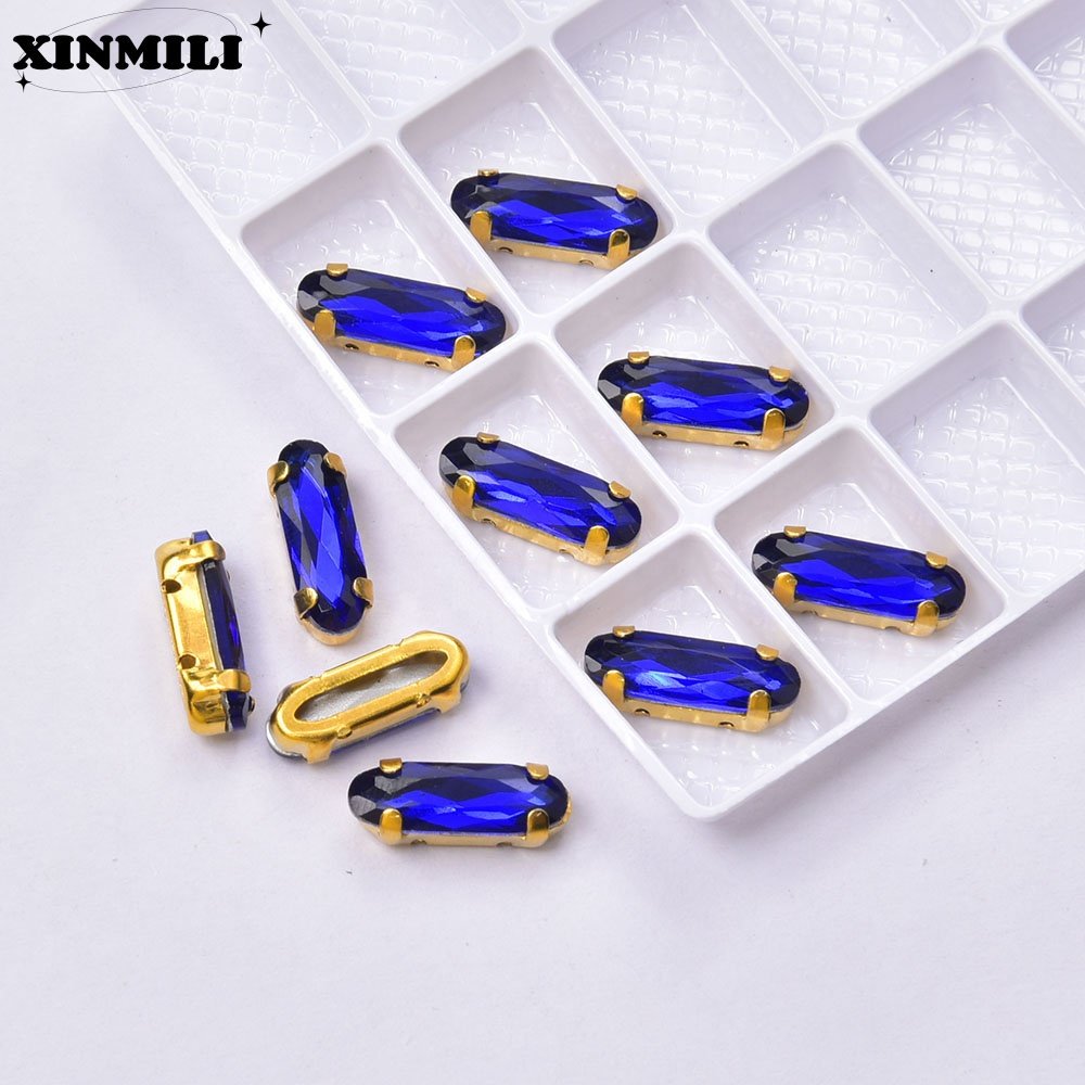 New Long Oval Glass Gold Claw Crystal Loose Stones Handmade Diamond Button Sew on Rhinestone for Dress Shoes Bags Accessories
