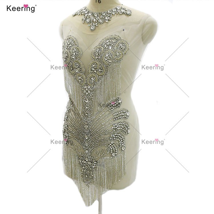 WDP-455 Keering In Stock Crystal Fringe Sparkling Rhinestone Patch Handmade Beaded Diamond Bodice Applique