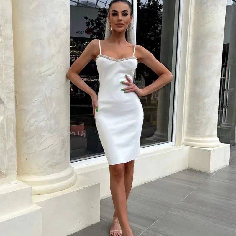 Wholesale Rhinestone Bandage Dress Square Neck Spaghetti Strap Backless Sexy Bodysuit Party Club Dress