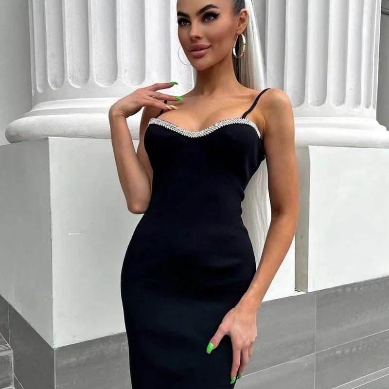Wholesale Rhinestone Bandage Dress Square Neck Spaghetti Strap Backless Sexy Bodysuit Party Club Dress