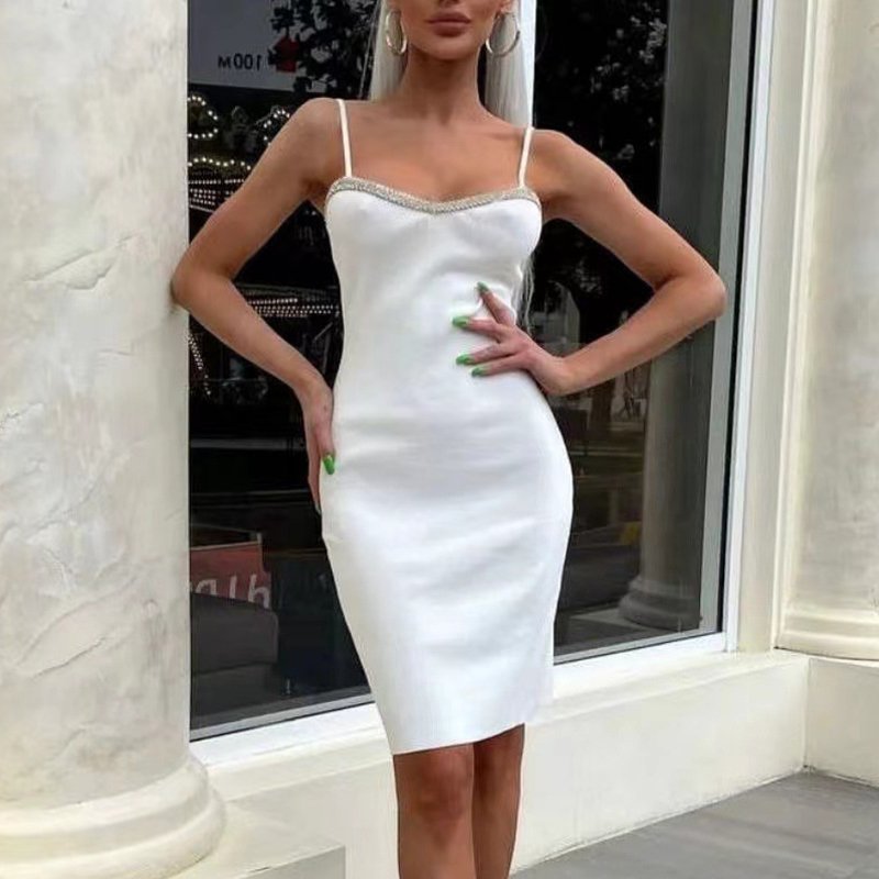 Wholesale Rhinestone Bandage Dress Square Neck Spaghetti Strap Backless Sexy Bodysuit Party Club Dress
