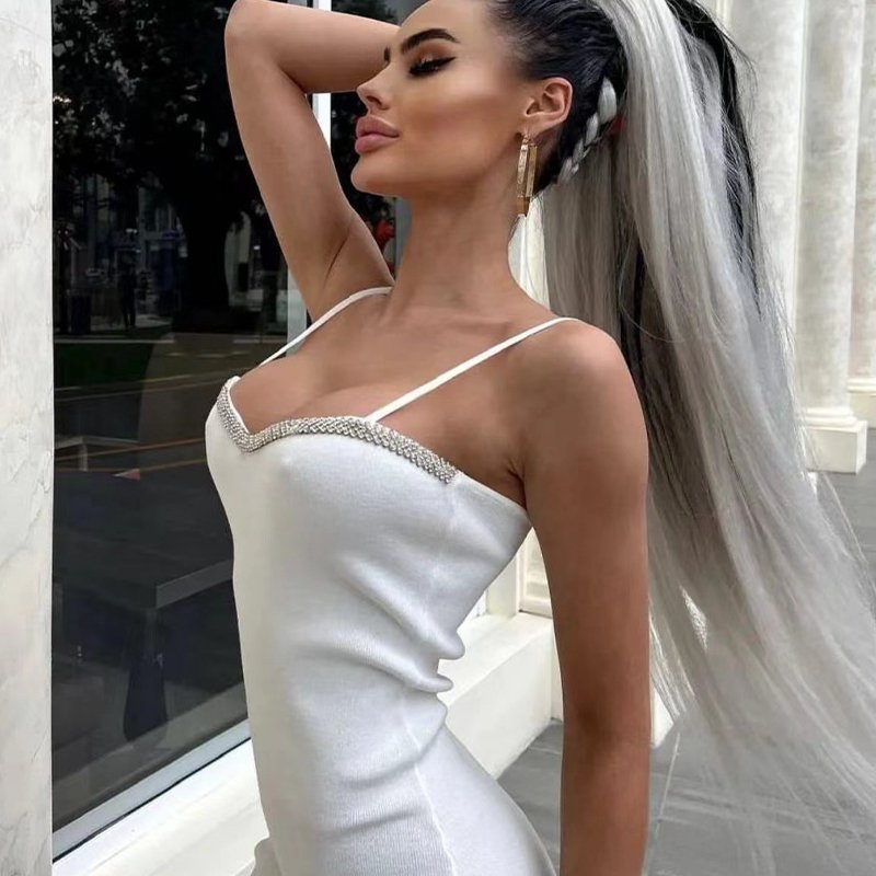 Wholesale Rhinestone Bandage Dress Square Neck Spaghetti Strap Backless Sexy Bodysuit Party Club Dress